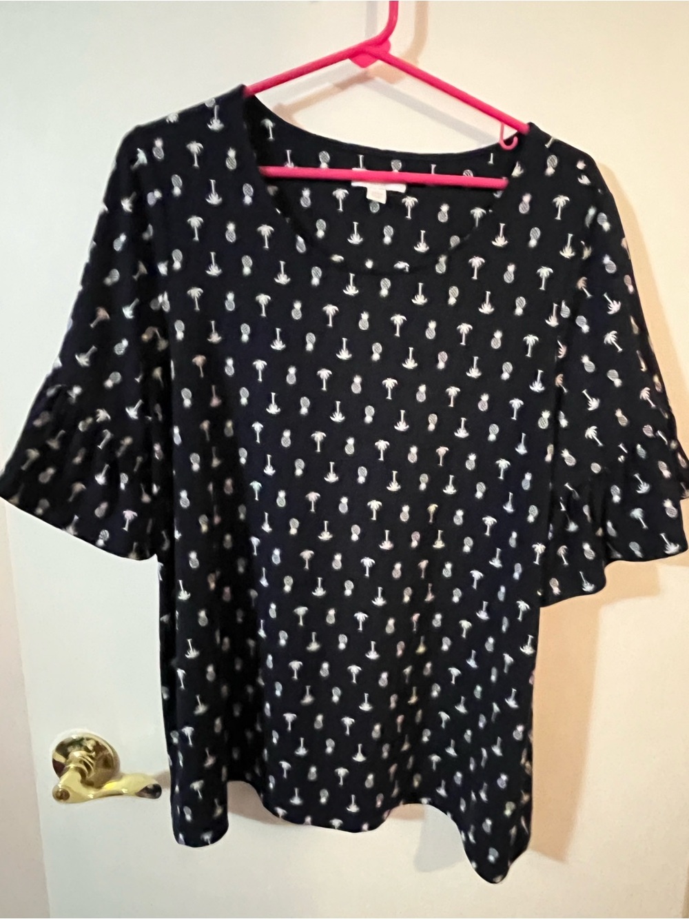 Charter Club navy blue  Palm-Print Ruffle-Sleeve Tunic 1X